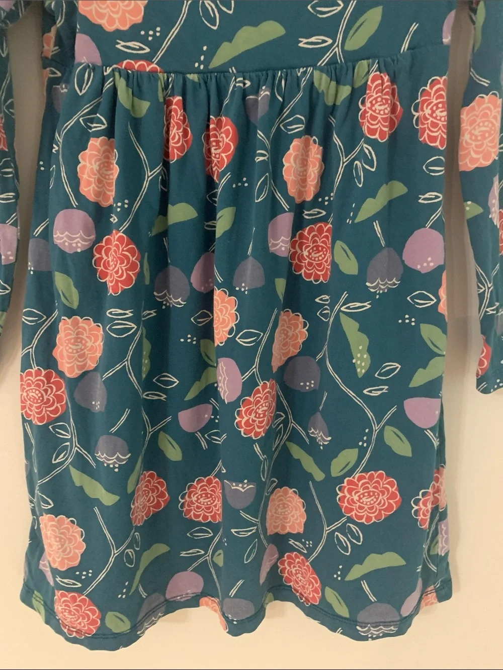 Tea Collection Long Sleeve Floral Empire Waist Cotton Dress Teal Pink Size 7